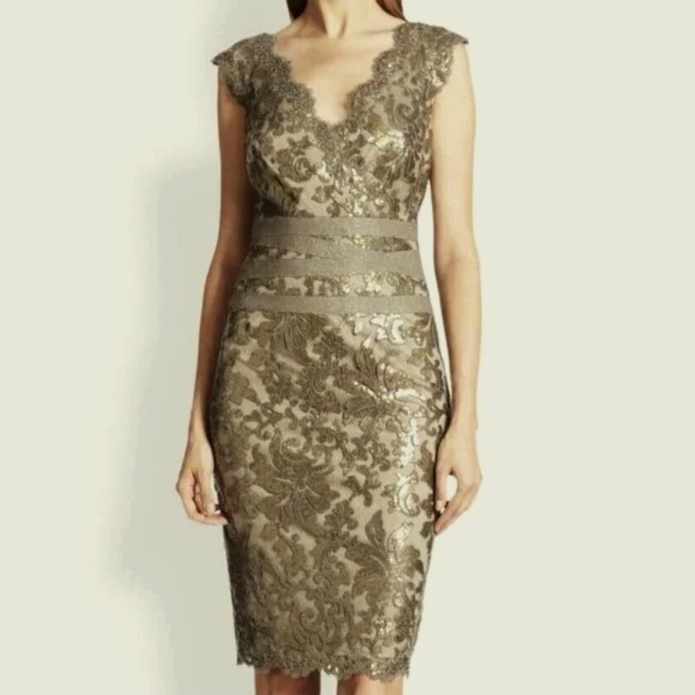 RARE Tadashi Shoji Olive Gray Antique Gold Sequin Floral Dress - worn 1* cleaned